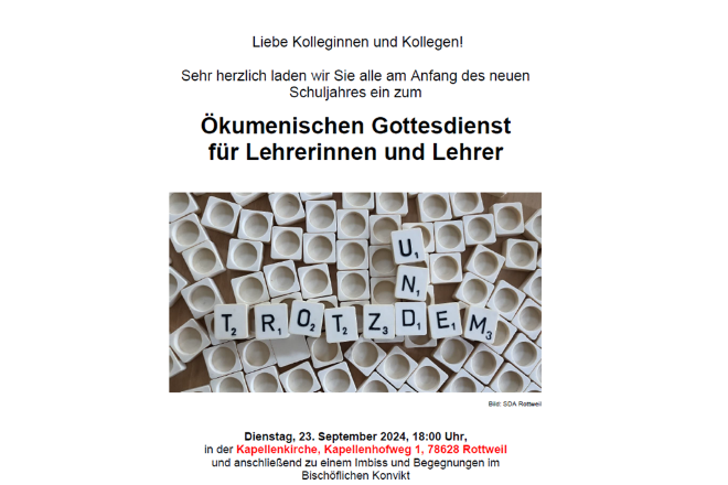 Ökumenischer Gottesdienst zum Schuljahresbeginn für Lehrerinnen und Lehrer in Rottweil und Freudenstadt